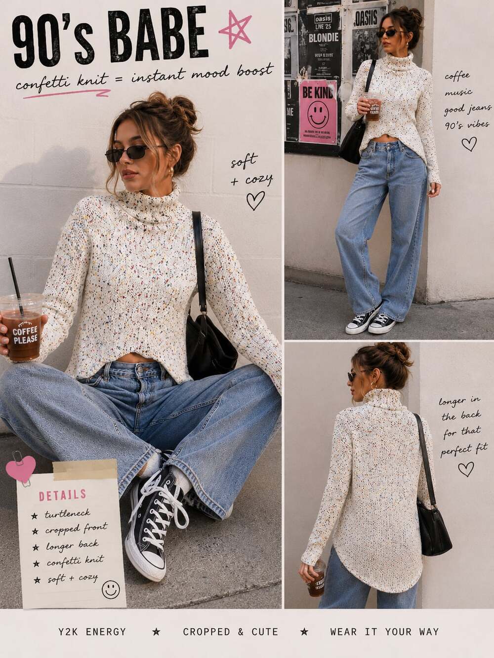 Moon & Madison Confetti Knit High Low Turtleneck Sweater Size S